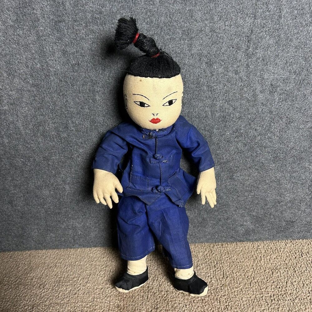 Vintage Mid Century Dolls Asian Chinese Boy And Girl Cloth Fabric Handmade Dolls
